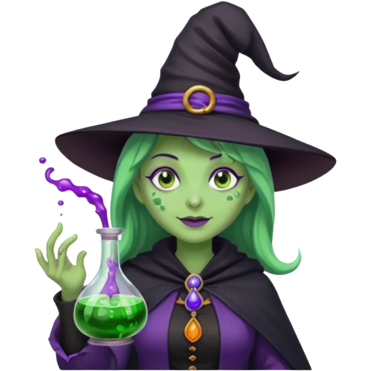Witch with Green Skin – long-nosed witch in black hat holding potion emoji