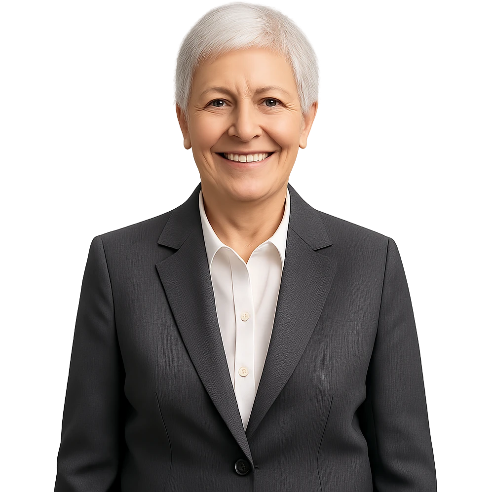 72-year-old professional woman, neat suit, smiling, short hair, friendly impression emoji