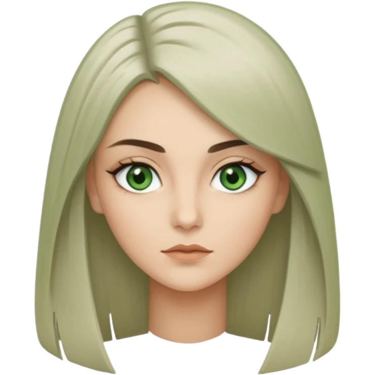 женщина с зелёными глазами, красивыми бровями, серо-бежевыми длинными волосами, с асимметричным пробором чёлкой, подстриженной каскадом  emoji