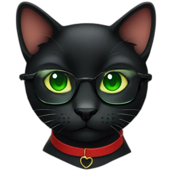 Black cat with glasses and red choker and green eyes emoji