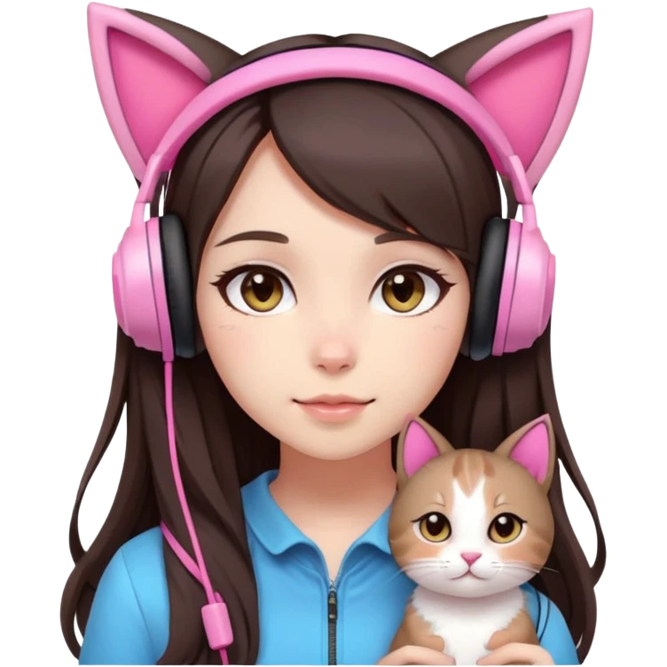 gamer girl with long dark brown hair, light skin, big brown eyes, cute, pink headset with cat ears, blushing softly and naturally, beautiful emoji