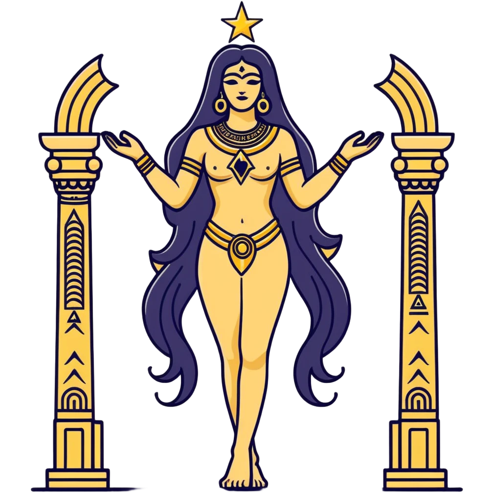 fullbody back view of Anunnaki goddess Inanna with long wavy black hair, ancient Mesopotamian star and gate symbols, naked back, and golden jewelry on wrists and ankles emoji