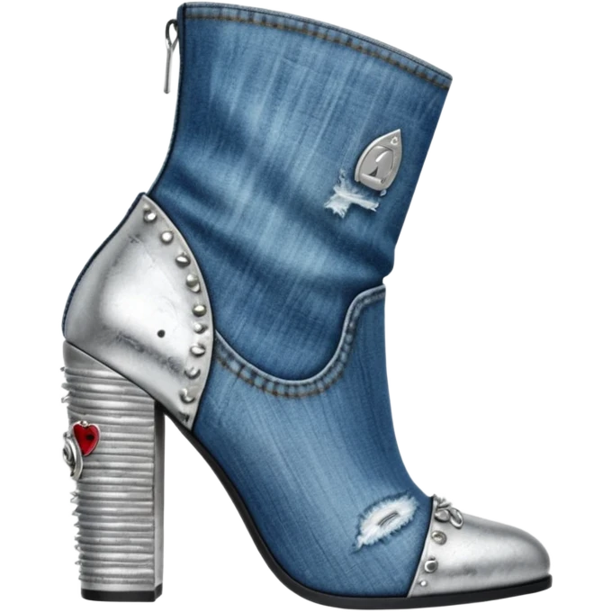 Side view, highly detailed, realistic, distressed denim ankle booties with silver metallic elements  emoji