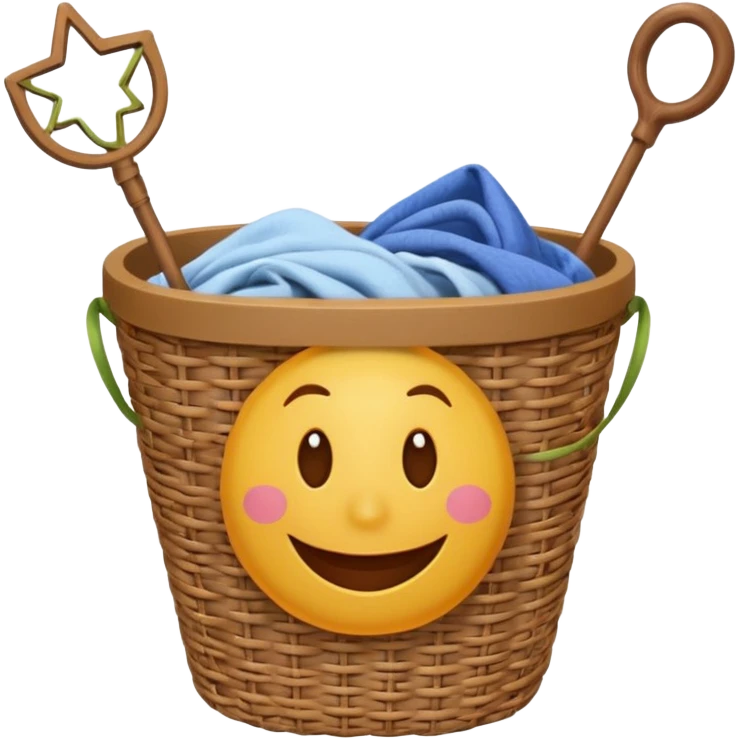 Laundry basket with magic wand and eyes and a mouth emoji