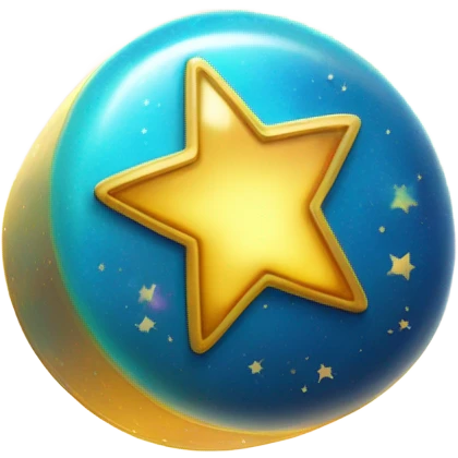 A magical pill emoji, glowing with a rainbow aura and sparkling stars around it. The pill is bright blue with a golden star in the center, floating in a pastel-colored background. The style is cute and cartoonish, like a playful emoji. emoji