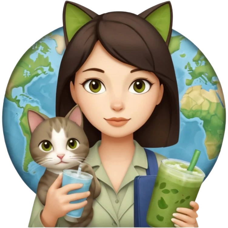 a brunette woman in here 30S drinking an iced matcha, carrying a grey cat and a map of the world emoji