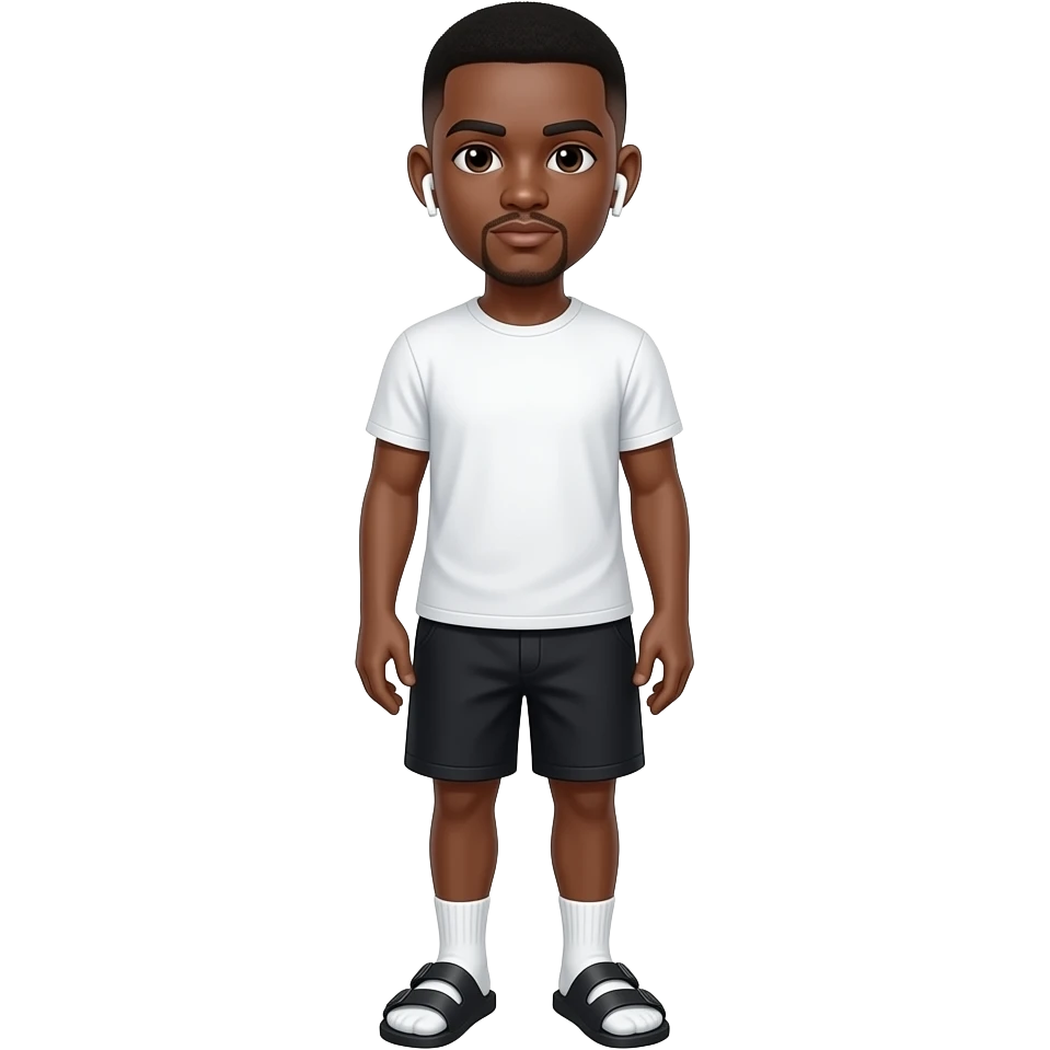 make a 20 year old man black skinned low taper fade wearing a white t shirt and black shorts and birkenstocks with low white socks with air pod headphones in emoji