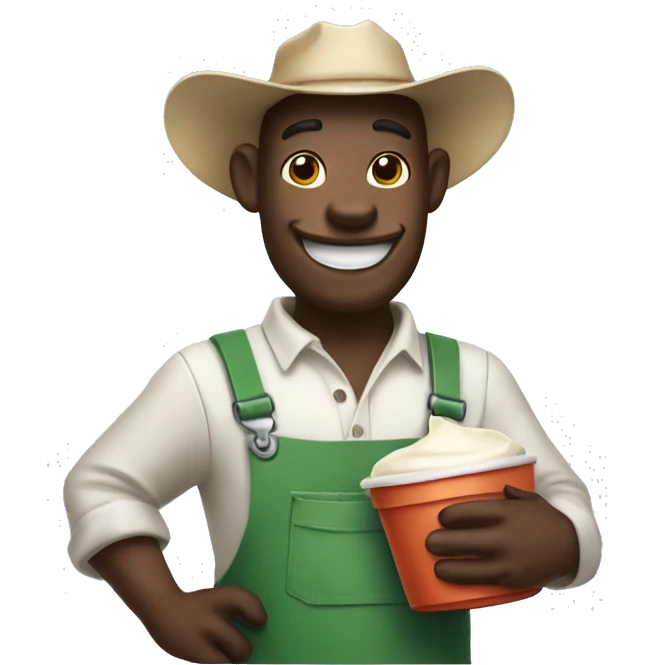 cow dressed as a farmer holding a container of cream, smiling emoji