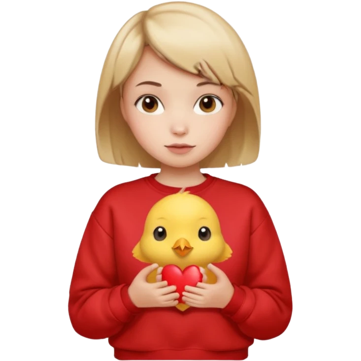 una niña con el pelo corto, con la sudadera de forma de pollito sujetando un corazón emoji