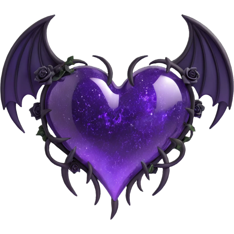 3D emoji gothic heart, purple glass, crescent moon, black roses, devil wings, iridescent stardust, white lightning, glossy rain effect, fractured glass texture emoji