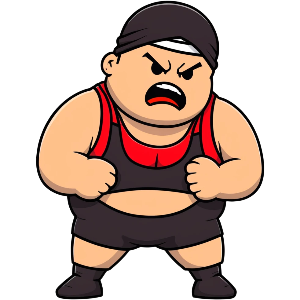 Close-up of white skin fat guy with prominent black durag, completely shaved face, no beard or mustache, black eyes in a red and black wrestling singlet with angry face emoji