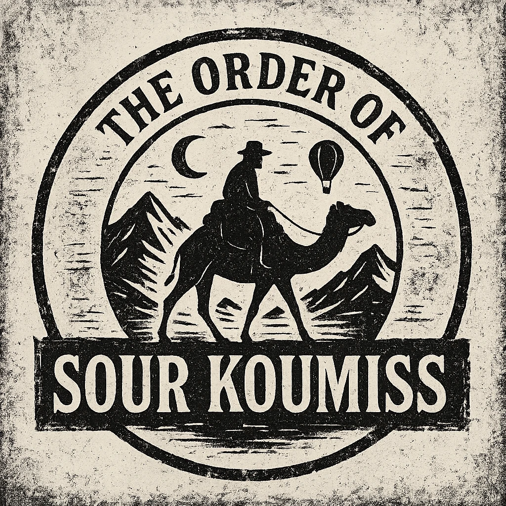 A grunge-style 90s logo for 'The Order of Sour Koumiss' with distressed edges and a mysterious travel theme, black and white emoji