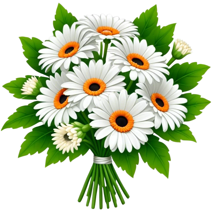 bouquet White Gerbera Daisy, luxuriant, leaf, bud, orange style emoji