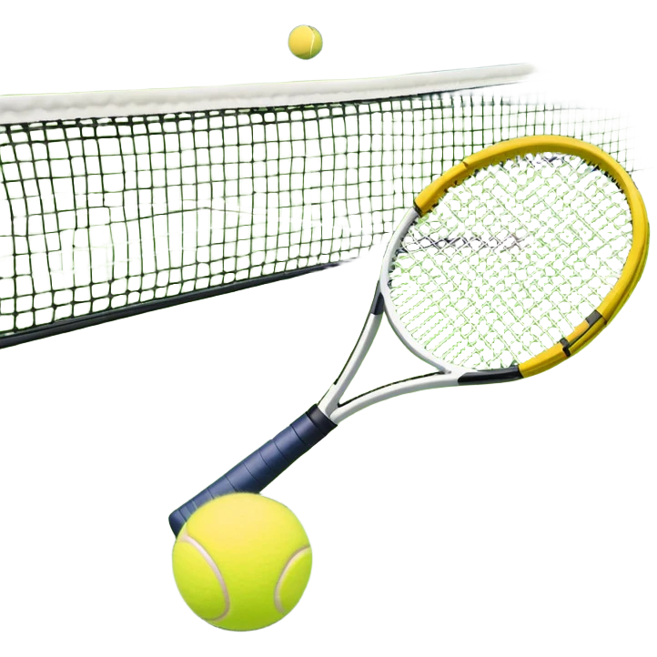A tennis racket with a bright yellow tennis ball resting on it, set against the backdrop of a well-maintained tennis court. The scene emphasizes the smooth lines of the court and the focus on the ball and racket, symbolizing the elegance and precision of the sport emoji