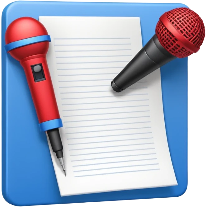 iconography design suitable for emoji reaction; pixel art: white document with a folded top-right corner and horizontal lines, outlined in a brick pattern. At the top center of the document is an icon indicating ai. In front of the document a microphone icon emoji