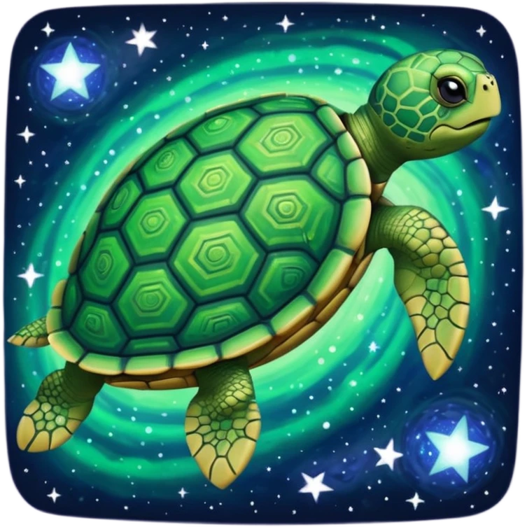 Quasar Turtle emoji – full body, massive cosmic turtle with glowing shell like a galaxy vortex, star patterns, slight side angle. pattern in shell emoji