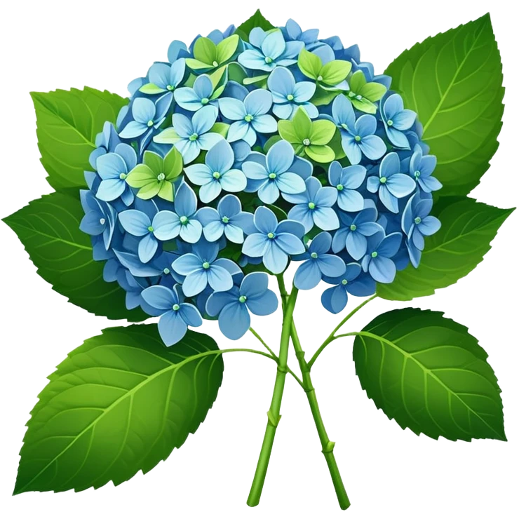 8k, flat layout illustration,  freshly picked, vividly futuristic colored, Hydrangeas with green realistic long steams, detailed slightly darker green leaves. Must have full transparent background, no emoji icons or faces. emoji
