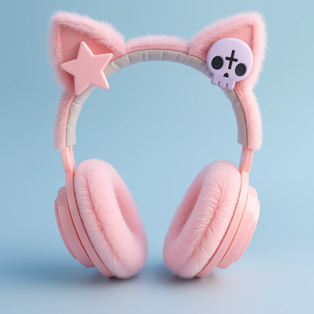 Add cute pastel goth hair clips to the cat ear headphones, keep the style and background as is. Maintain the original look and feel of the image. emoji