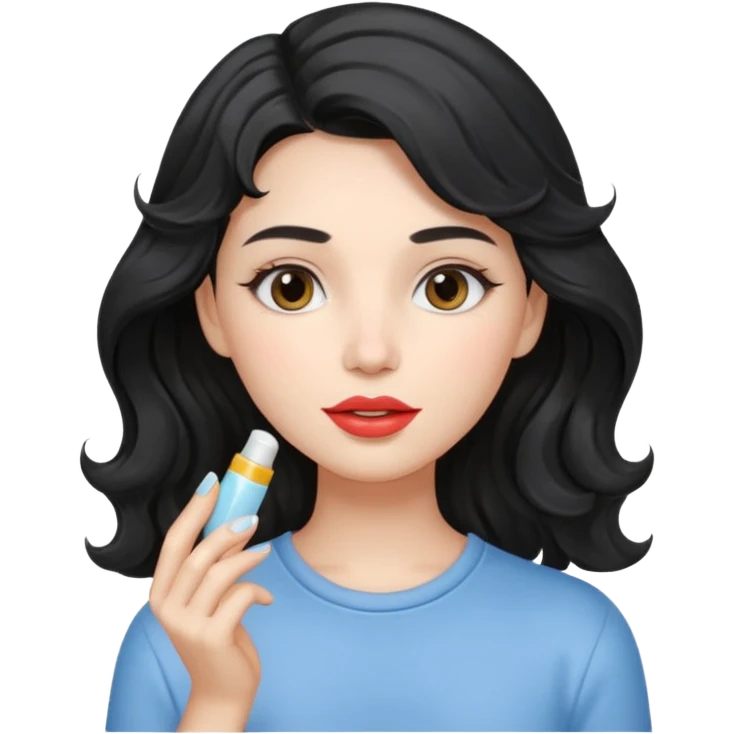 “Girl with light-black wavy hair, soft and flowing. She holds a lip balm just near her lips, about to apply it. The lip balm gives her lips a subtle glossy shine, making them look smooth, hydrated, and naturally pretty emoji