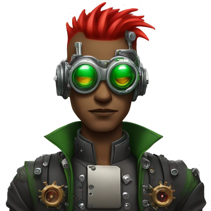 Male cyborg with thin red Mohawk and green steampunk goggles emoji