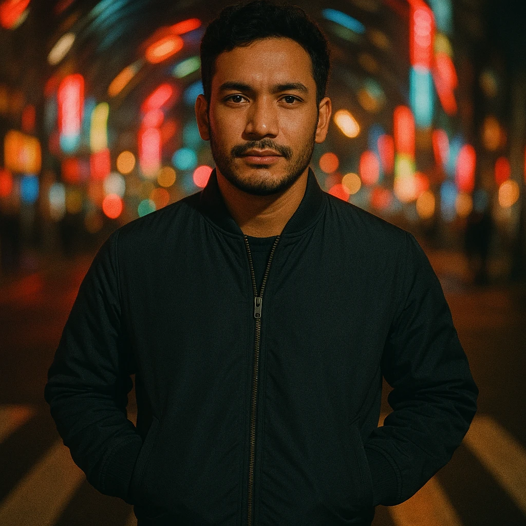 Create a cinematic night photo of a Southeast Asian man in his early 30s with medium tan skin, standing in a crosswalk with city lights and neon signs swirling in spiral blur. The man has hands in pockets, wears a dark bomber jacket, and has a confident and calm expression. Soft flash on face, urban nightlife, 35mm film look. Use the reference image for face. emoji