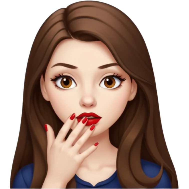 A girl with long brown hair, eyeliner, long lashes, light brown eyes, pale skin and red lipstick biting her nails nervously. emoji