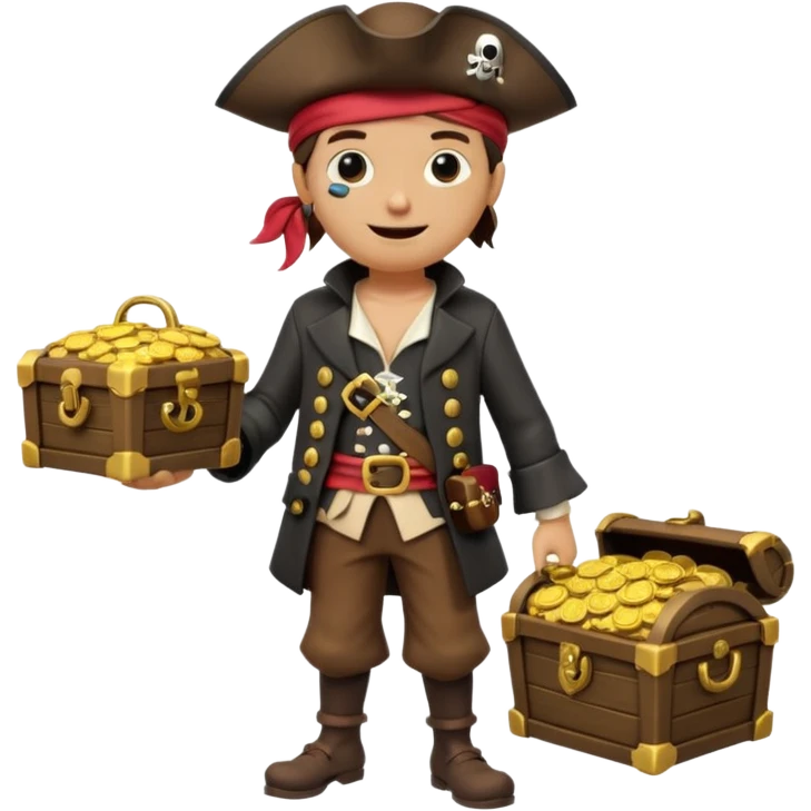 A 3D cartoon pirate character with one eye covered by a black eye patch, holding a treasure chest filled with gold coins and jewels, standing on sandy ground, wearing a pirate hat and coat, warm sunset lighting, realistic Memoji-style rendering. emoji