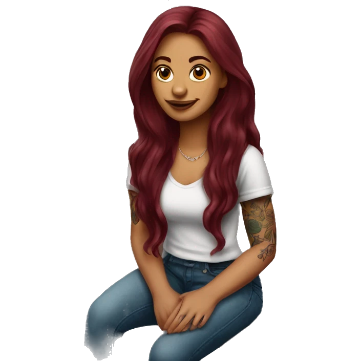 Beautiful tattooed burgundy long haired woman sitting on a bench emoji