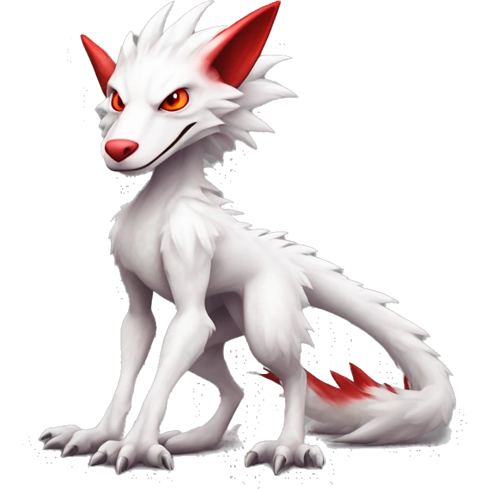 White edgy cute badass epic anthro modern albino sergal-vernid-Fakémon with red mane and red eyes with red edgy stripes, full body emoji