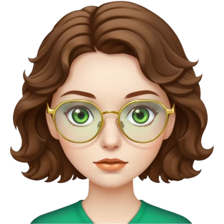 woman with pale skin, brown wavy hair, green eyes, gold glasses emoji