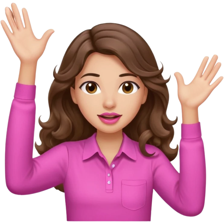 girl with long wavy brown hair, brown eyes, light to medium complexion, in a pink shirt, pink lips, long lashes, puckered lips, both hands all the way upin the air cheering emoji