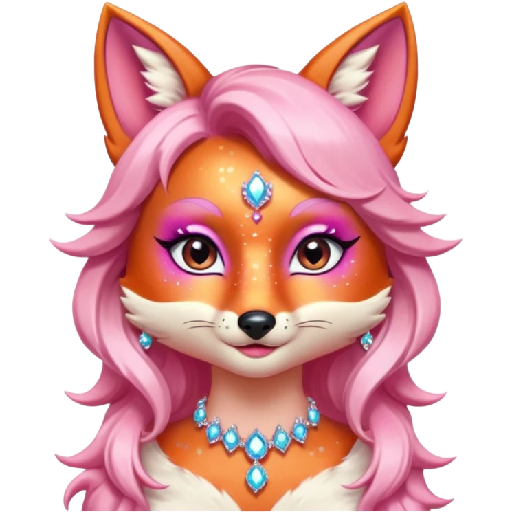 glamorous fox portrait, head and shoulders only, exaggerated pink makeup, bright eyeshadow, long eyelashes, shiny blush cheeks, sparkling face gems, glitter accents, elegant earrings, fantasy beauty style, cute 3D cartoon, mobile game icon style, clean background, no text, no watermark
 emoji