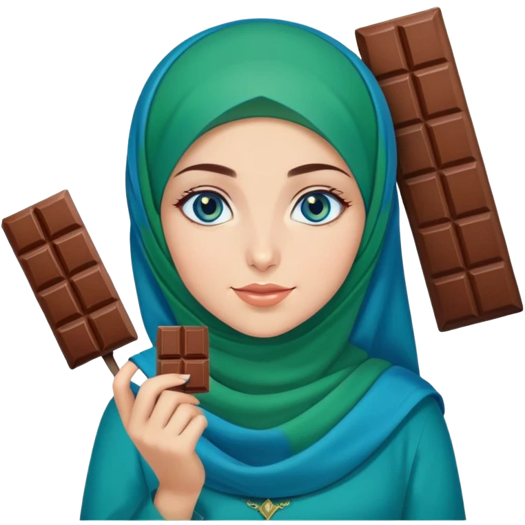 Turkish beautiful finish Konya girl blue eyes with green and blue hijab islamic dress and had on her hand Dubai chocolate  emoji