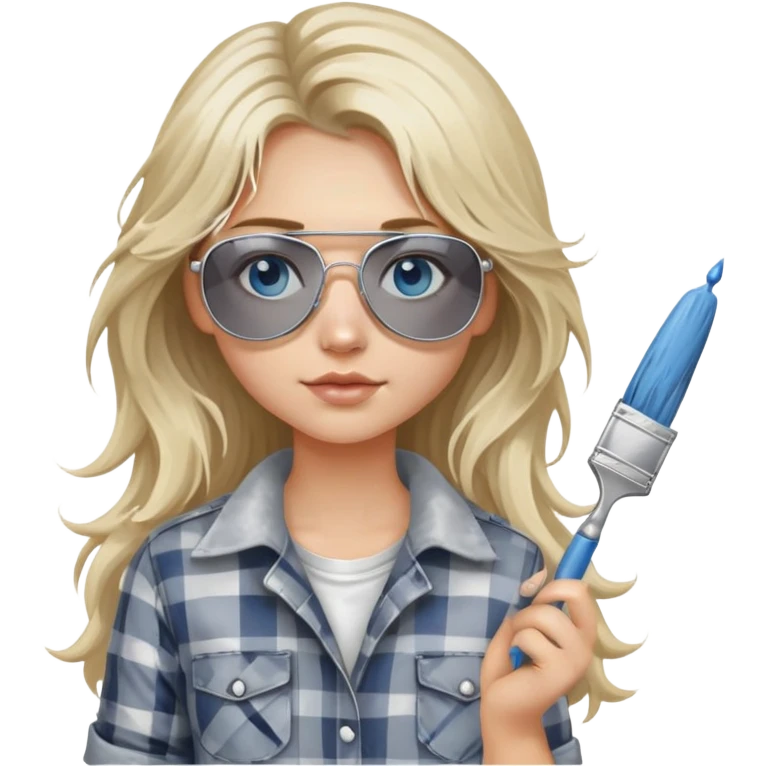 girl with long blond messy hair, "white paint on her face" wearing grey plaid shirt with blue eyes and aviator sunglasses wearing a ring on her silver necklace, holding a paint brush roller emoji