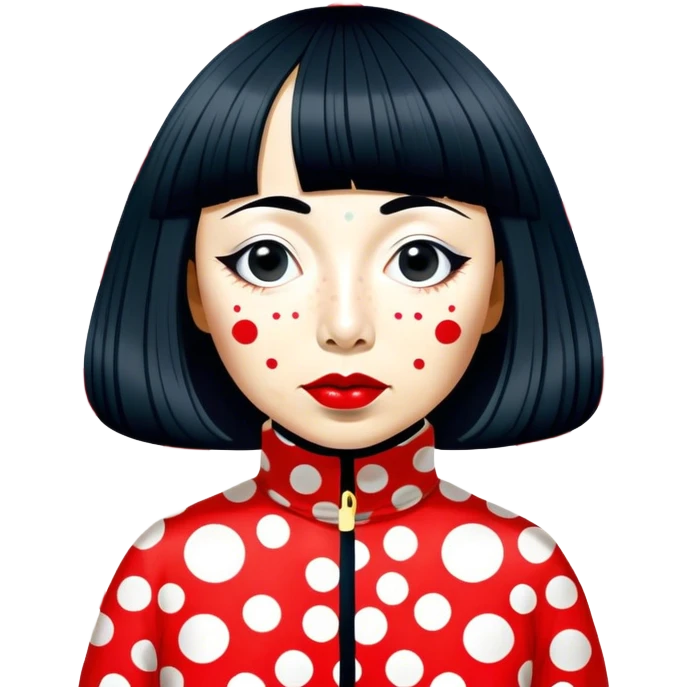 Yayoi Kusama – Cinematic Realistic Portrait of Yayoi Kusama, depicted as an avant-garde artist with an eccentric, captivating expression surrounded by her iconic polka dot patterns, rendered with vivid textures and imaginative lighting that evokes her unique, surreal creative world. emoji