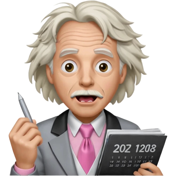 Doc Brown, in Back to the Future, with his hair all over the place and his mouth wide open. No glasses. Wearing a silver dress with black trim, a pink collared shirt and a white tie, holding a calendar.  emoji