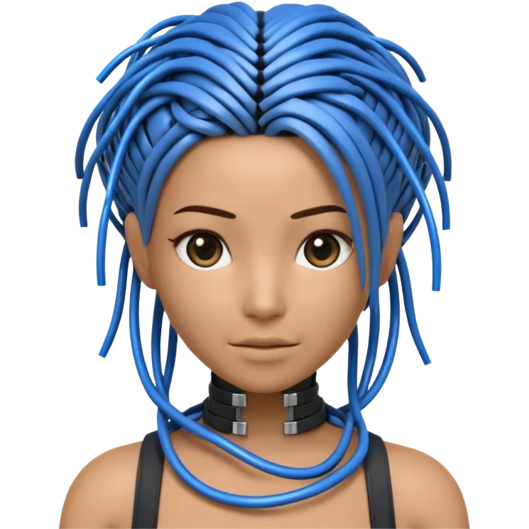3D render of Wire Hair, futuristic cyborg aesthetic, fusion of organic skin and chrome metal, bundle of black and blue ethernet cables styled like hair, emoji style, isolated on white background --v 6.0. emoji