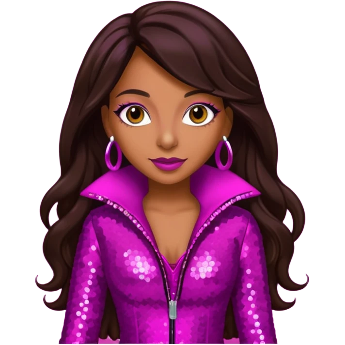 Mya, R&B Singer with dark brown long hair, meganta sequin outfit emoji