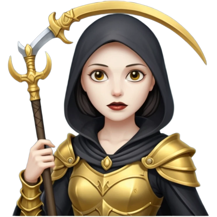 feminine grim reaper in a gold with scythe emoji