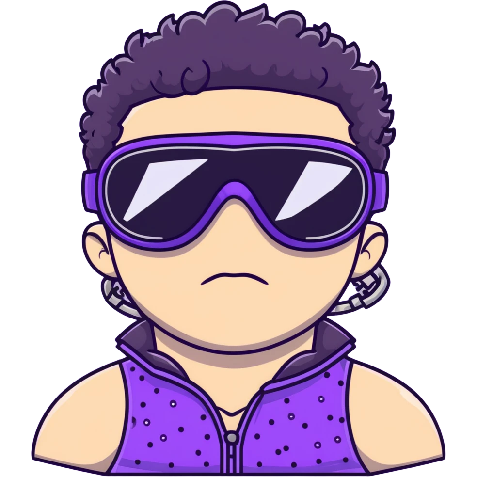 male athlete with white skin and moderately curly black hair on top with shaved sides, wearing ski goggles with purple frames and very dark black lenses, a simple plain black chain necklace, and a completely unzipped shiny vest with purple and black sequin fire pattern design, fully revealing his chest and abs, no earrings emoji