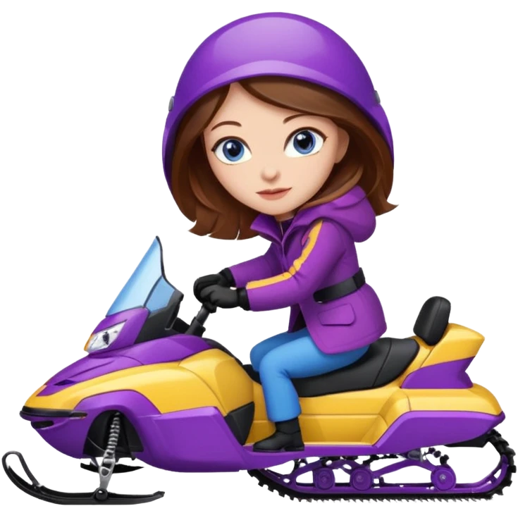 Woman, Brown hair, very blue eyes, wearing a Very red coat  on purple and yellow striped snowmobile emoji