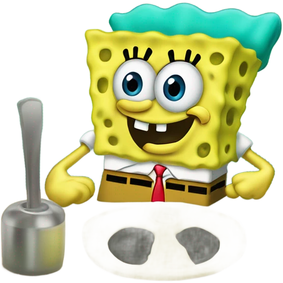 SpongeBob entering the krusty mean kitchen stocking his finger in the sponge hole that leads to his “brain” and his left eye facing left and his right eye facing right emoji