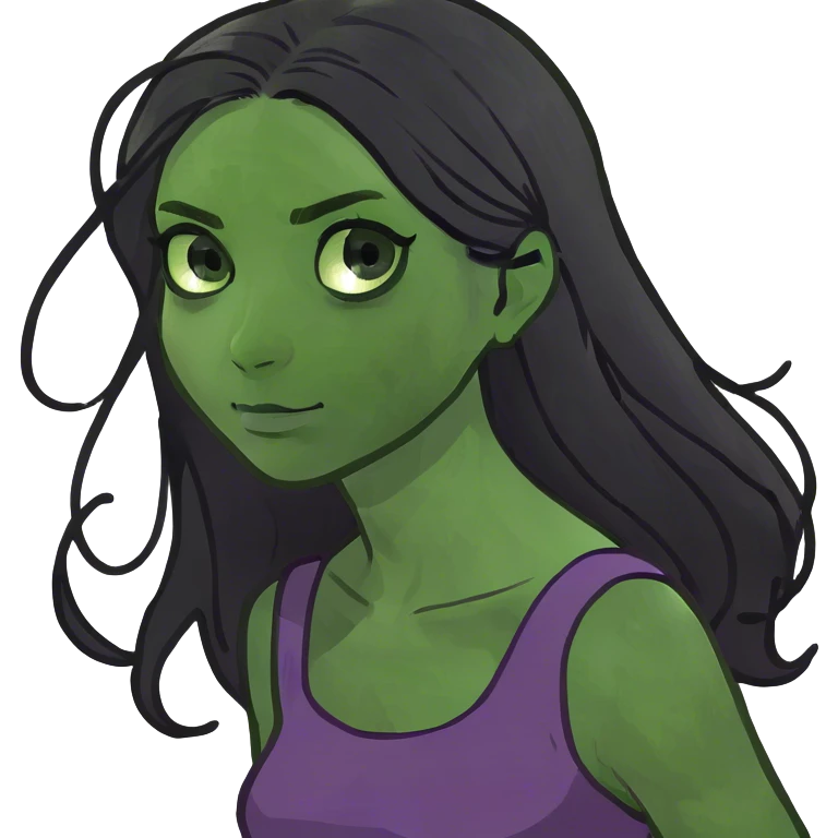 A girl wearing a purple dress, green eyes and long black hair emoji