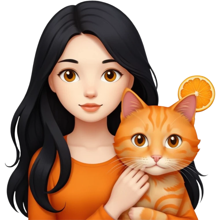 beautiful girl with flowing long black hair holding a cute orange ginger cat emoji