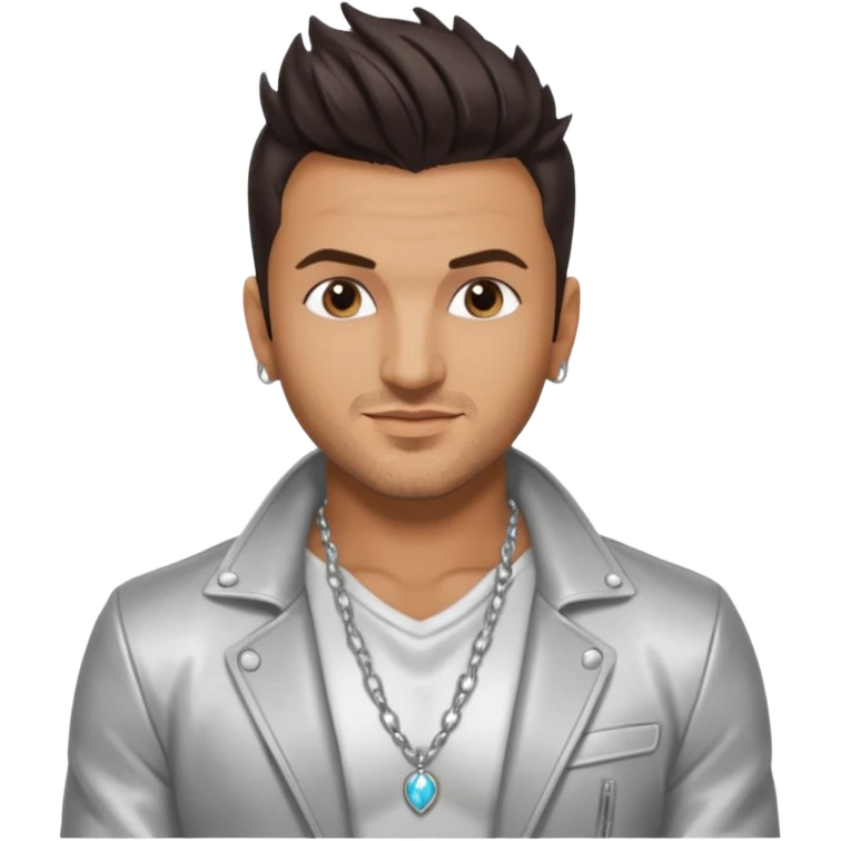 Peter Andre with dark brown hair, shirtless with necklace, silver jacket emoji