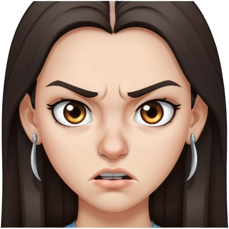 angry girl with long dark brown hair, grey eyes, nose earring on right, pierced ears emoji