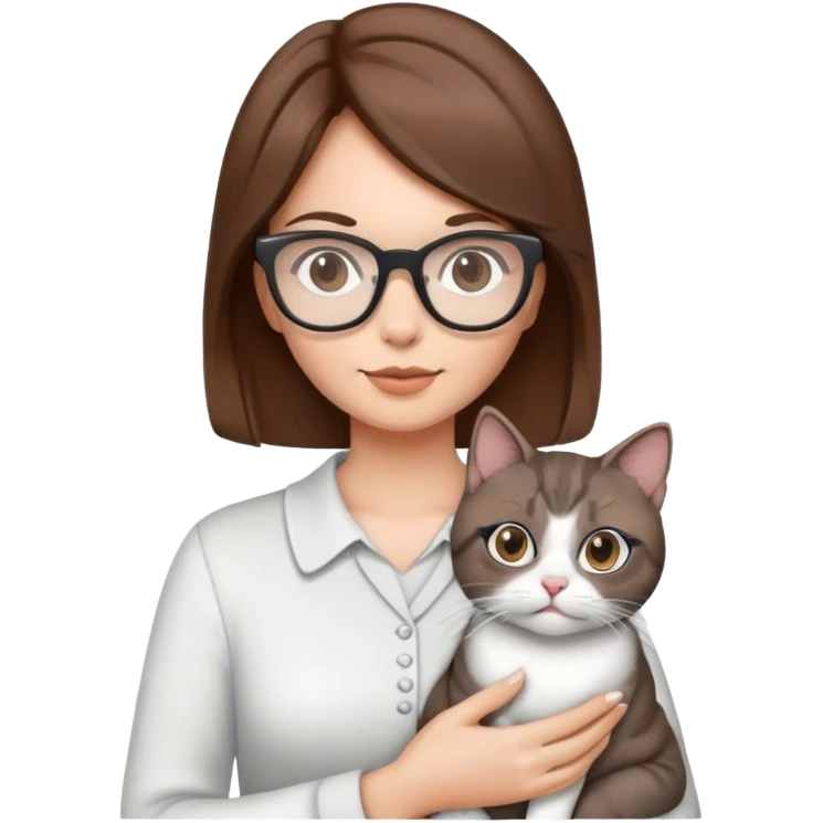 una mujer con cabello café y lentes blancos con una gata entre sus brazos de color gris emoji
