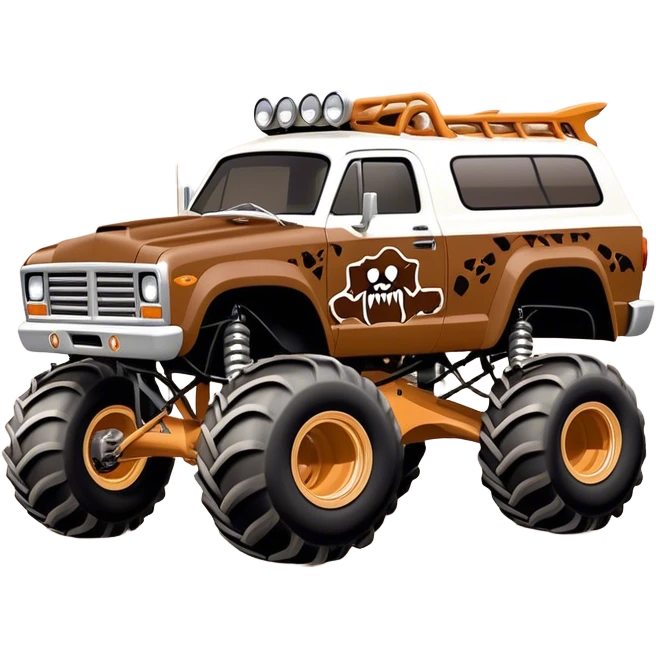 Monster Mutt - Monster Jam (Model Year: 2021) (Iconic colour: Brown with dog features) - A unique monster truck with playful, dog-inspired design cues. The vehicle is painted in warm brown tones and features subtle dog motifs (such as a stylized snout or ear shapes). It should blend the rugged power of a monster truck with quirky, endearing canine features. emoji