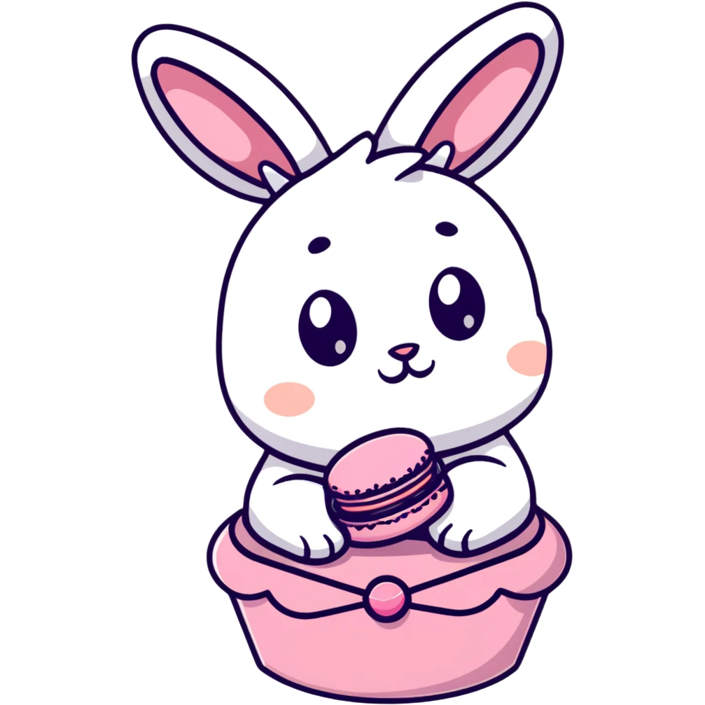 chibi bunny holding a giant macaron, soft pink background, pastel dessert theme, adorable illustration emoji
