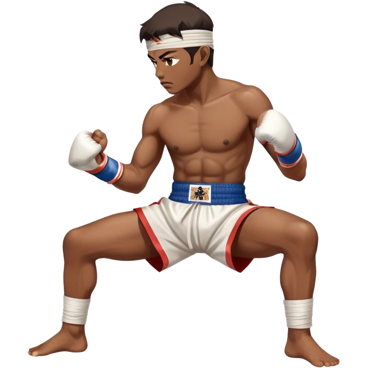 ​Cinematic Realistic Traditional Muay Thai Fighter, depicted in authentic attire featuring white bandaged gloves wrapped around his fists, a traditional headband tied neatly, and classic Muay Thai shorts, captured in a dynamic fighting stance under dramatic, high-energy lighting that highlights the raw power and elegance of the art, emoji